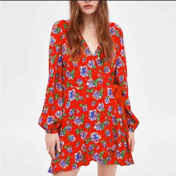 Zara Dresses & Skirts - NWT Zara Red Floral Long Sleeve Wrap Dress sz XS